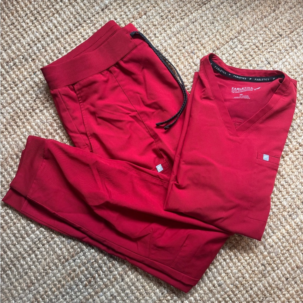 Red Scrub Set - V-Neck Top & Drawstring Pants
